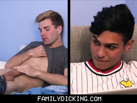 Two interracial twink step brothers caught by step dad who joins in for threesome